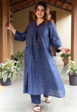 Liyana Dark Indigo Ajrakh Chanderi Silk A Line Kurta with Hand Embroidery