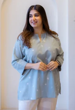 Lyla Sky Blue Hand Block Print Slub Cotton Straight Short Top with Hand Embroidery