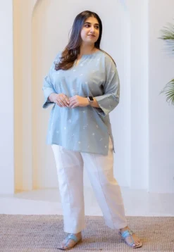Lyla Sky Blue Hand Block Print Slub Cotton Straight Short Top with Hand Embroidery