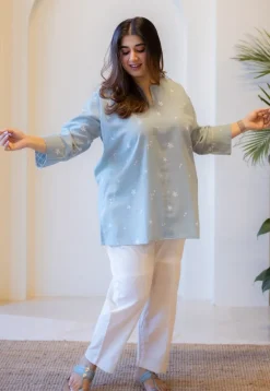 Lyla Sky Blue Hand Block Print Slub Cotton Straight Short Top with Hand Embroidery