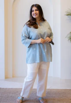 Lyla Sky Blue Hand Block Print Slub Cotton Straight Short Top with Hand Embroidery