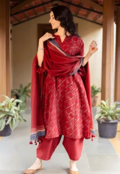 Madder Ajrakh Chanderi Silk Dupatta with Embroidery