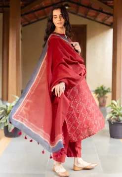 Madder Ajrakh Chanderi Silk Dupatta with Embroidery