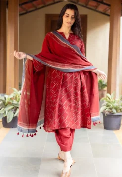 Madder Ajrakh Chanderi Silk Dupatta with Embroidery