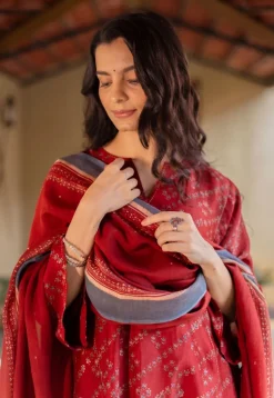 Madder Ajrakh Chanderi Silk Dupatta with Embroidery