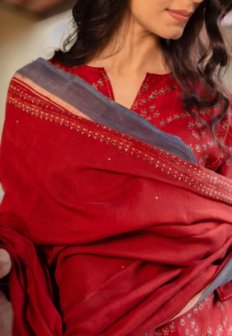 Madder Ajrakh Chanderi Silk Dupatta with Embroidery