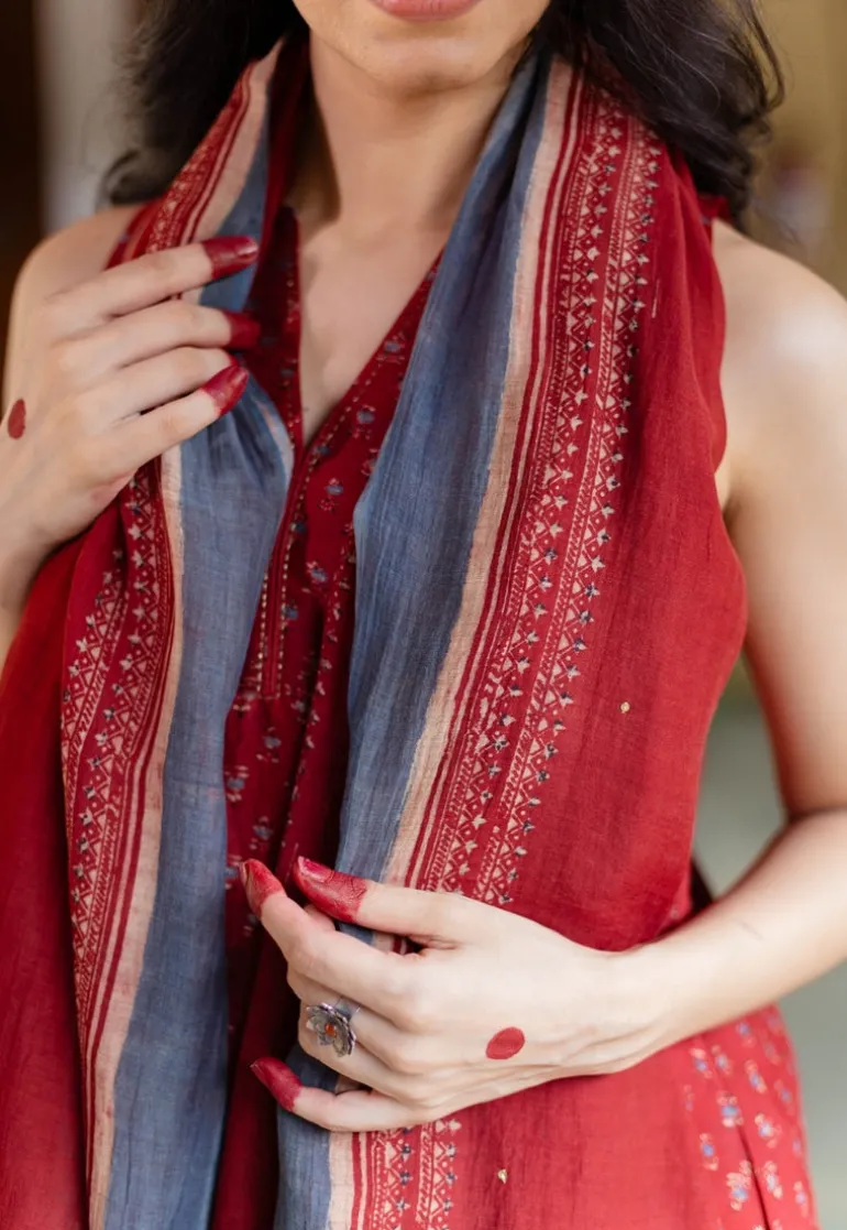 Madder Ajrakh Chanderi Silk Dupatta with Embroidery