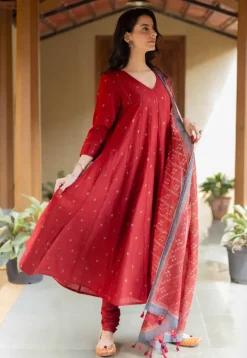 Madder Floral Line Ajrakh Chanderi Silk Dupatta