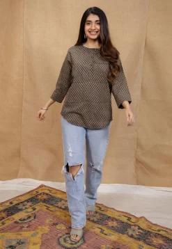 Maha Dark Brown Ajrakh Cotton Straight Short Top