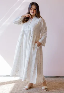 Maira Off White Jamdani Handloom Cotton A Line Dress