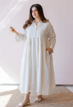 Maira Off White Jamdani Handloom Cotton A Line Dress