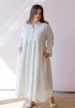 Maira Off White Jamdani Handloom Cotton A Line Dress