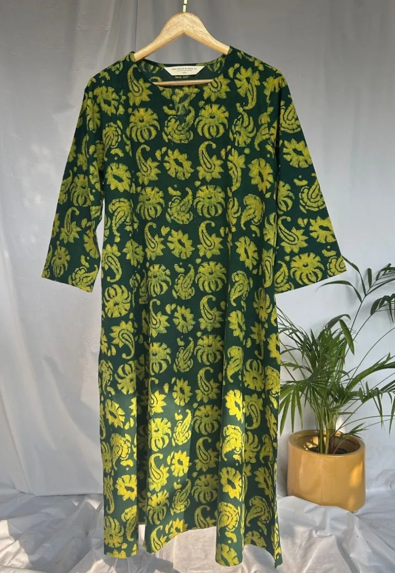 Malika Green Dabu Cotton Kali Kurta