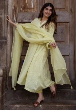 Malika Lime Green Hand Block Print Slub Cotton Kali Kurta with Hand Embroidery