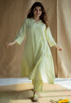 Malika Lime Green Hand Block Print Slub Cotton Kali Kurta with Hand Embroidery