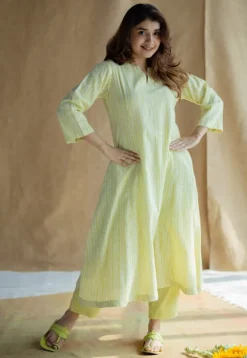 Malika Lime Green Hand Block Print Slub Cotton Kali Kurta with Hand Embroidery