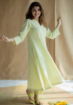 Malika Lime Green Hand Block Print Slub Cotton Kali Kurta with Hand Embroidery
