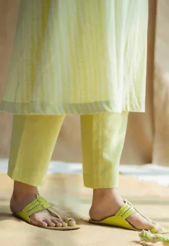 Malika Lime Green Hand Block Print Slub Cotton Kali Kurta with Hand Embroidery