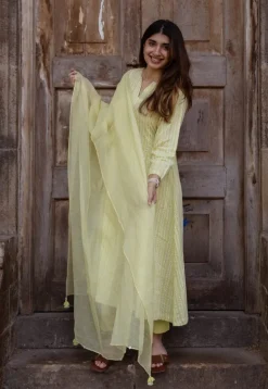 Malika Lime Green Hand Block Print Slub Cotton Kali Kurta with Hand Embroidery