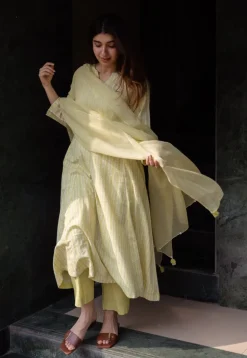 Malika Lime Green Hand Block Print Slub Cotton Kali Kurta with Hand Embroidery