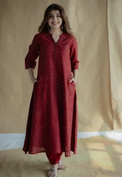Malvika Madder Ajrakh Chanderi Silk A Line Kurta with Hand Embroidery