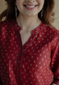 Malvika Madder Ajrakh Chanderi Silk A Line Kurta with Hand Embroidery