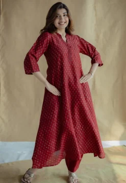 Malvika Madder Ajrakh Chanderi Silk A Line Kurta with Hand Embroidery