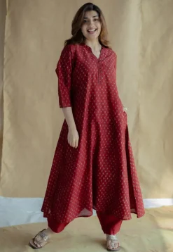Malvika Madder Ajrakh Chanderi Silk A Line Kurta with Hand Embroidery