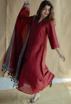 Malvika Madder Ajrakh Chanderi Silk A Line Kurta with Hand Embroidery