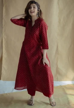 Malvika Madder Ajrakh Chanderi Silk A Line Kurta with Hand Embroidery
