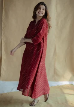 Malvika Madder Ajrakh Chanderi Silk A Line Kurta with Hand Embroidery