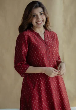 Malvika Madder Ajrakh Chanderi Silk A Line Kurta with Hand Embroidery