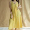 Mariam Mustard Hand Block Print Slub Cotton A Line Dress with Hand Embroidery