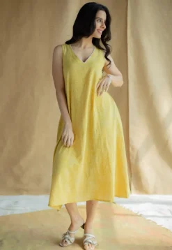Mariam Mustard Hand Block Print Slub Cotton A Line Dress with Hand Embroidery