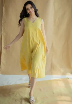 Mariam Mustard Hand Block Print Slub Cotton A Line Dress with Hand Embroidery