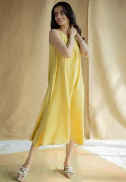 Mariam Mustard Hand Block Print Slub Cotton A Line Dress with Hand Embroidery