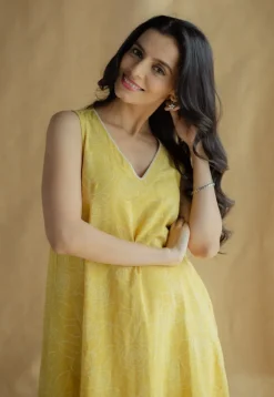 Mariam Mustard Hand Block Print Slub Cotton A Line Dress with Hand Embroidery