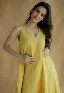 Mariam Mustard Hand Block Print Slub Cotton A Line Dress with Hand Embroidery