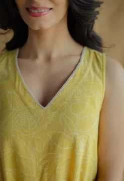 Mariam Mustard Hand Block Print Slub Cotton A Line Dress with Hand Embroidery