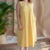 Mariam Yellow A Line Dabu Slub Cotton Dress