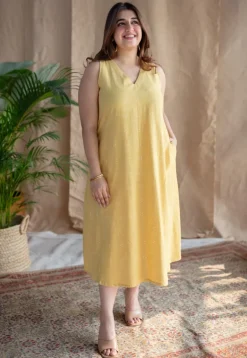Mariam Yellow A Line Dabu Slub Cotton Dress