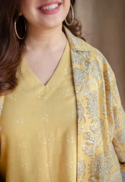 Mariam Yellow A Line Dabu Slub Cotton Dress