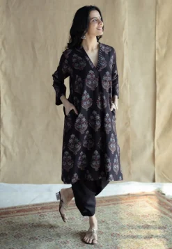 Maya Black Ajrakh Cotton Straight Kurta