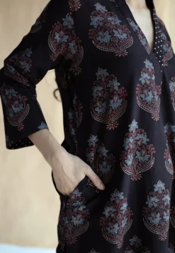 Maya Black Ajrakh Cotton Straight Kurta