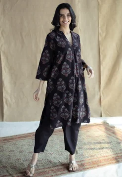 Maya Black Ajrakh Cotton Straight Kurta