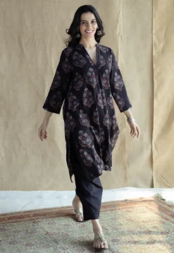 Maya Black Ajrakh Cotton Straight Kurta