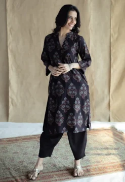 Maya Black Ajrakh Cotton Straight Kurta