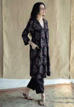 Maya Black Ajrakh Cotton Straight Kurta