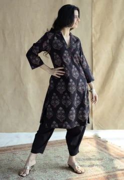 Maya Black Ajrakh Cotton Straight Kurta