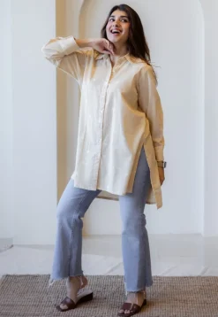Meera Beige Hand Block Print Slub Cotton A Line Short Top